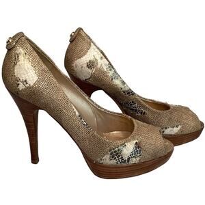 Stuart Weitzman Snakeskin Print Burlap Peep Toe Platform Pump Beige Wood Heel 8